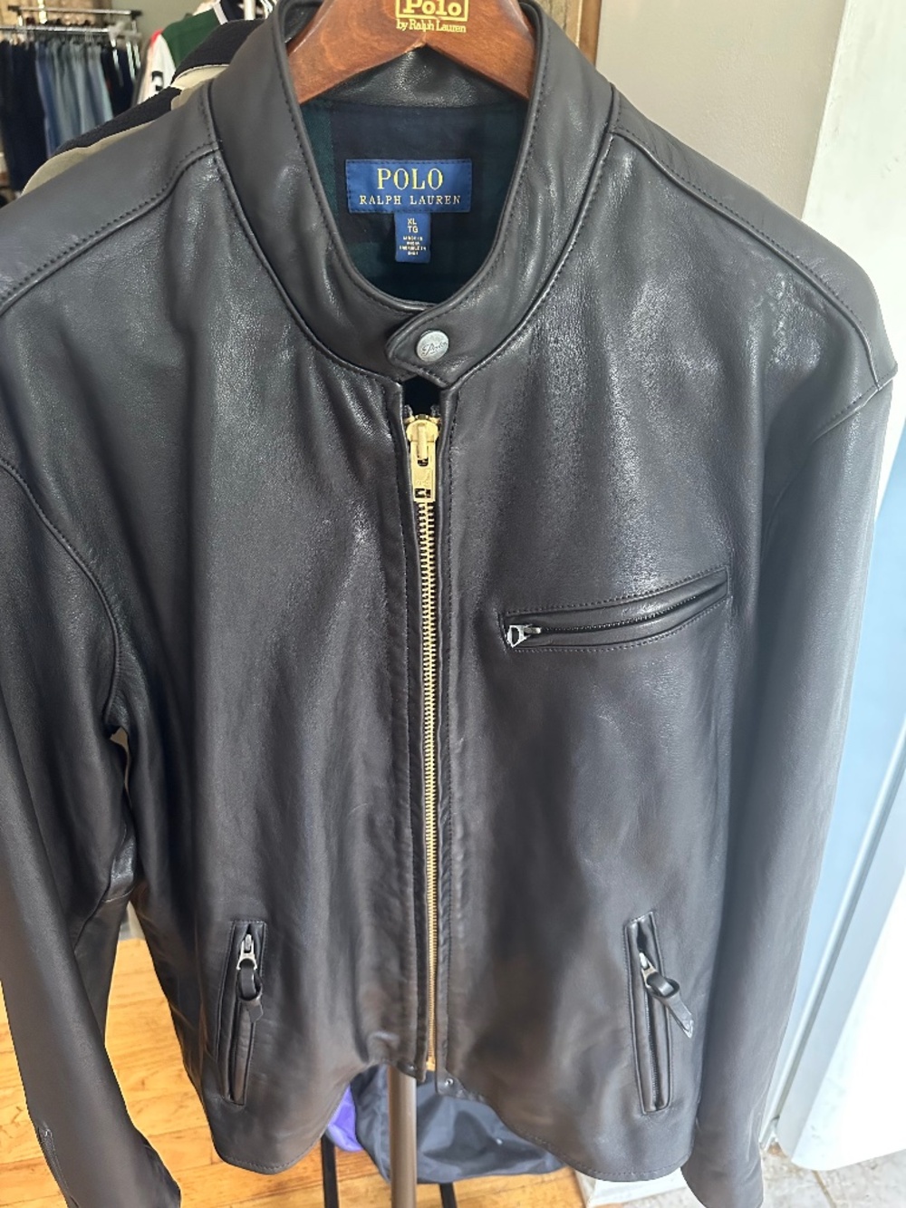 Polo Ralph Lauren XL Leather Cafe Racing Jacket Brown EUC